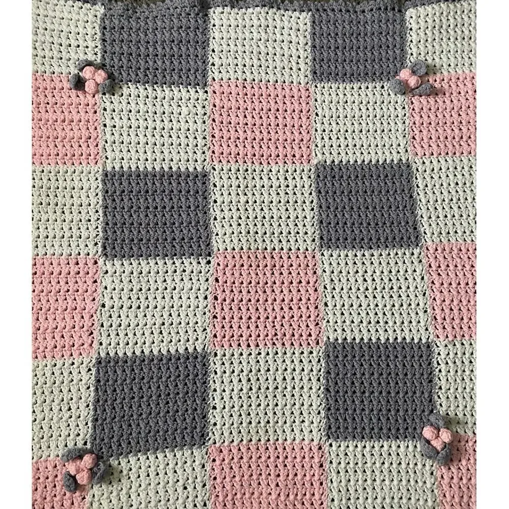 Vintage Hand Crochet knit Baby Blanket 42.5X42.5 color squares and flowers